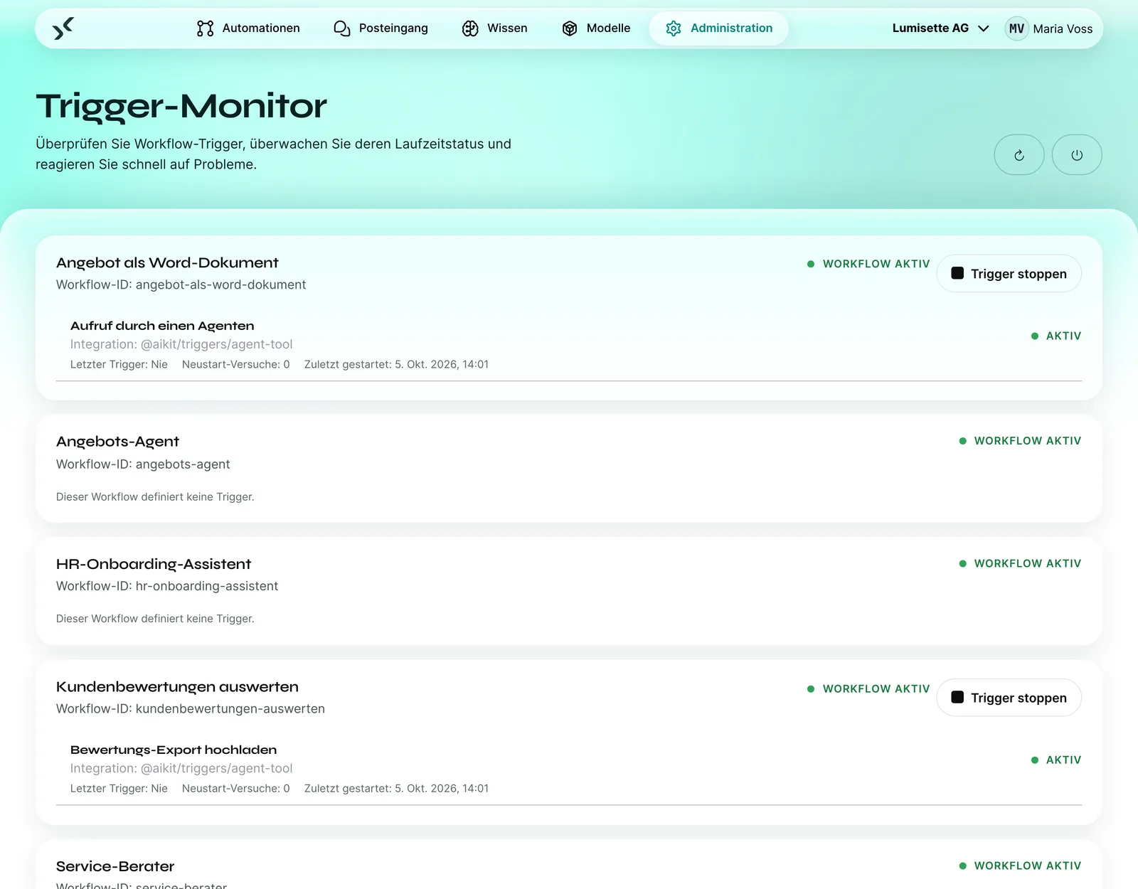 Trigger-Monitor mit aktiven Workflows, etwa „Angebot als Word-Dokument“ mit dem Auslöser „Aufruf durch einen Agenten“.