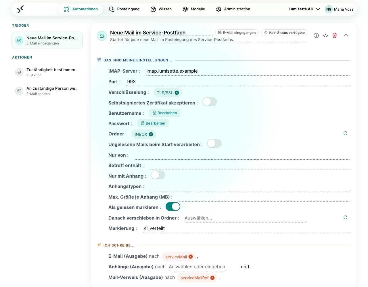 Workflow „Neue Mail im Service-Postfach“: Die KI bestimmt die Zuständigkeit und leitet die Mail an die zuständige Person weiter.