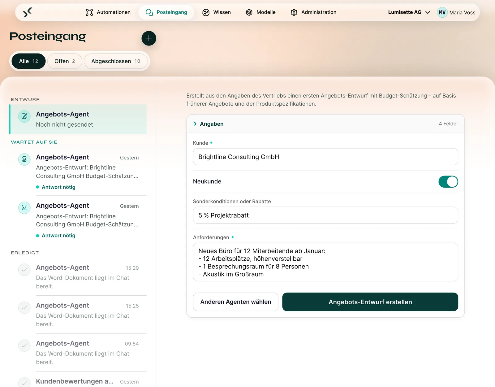 Formular des Angebots-Agenten mit Kunde, Neukunden-Schalter, Sonderkonditionen und Anforderungen.