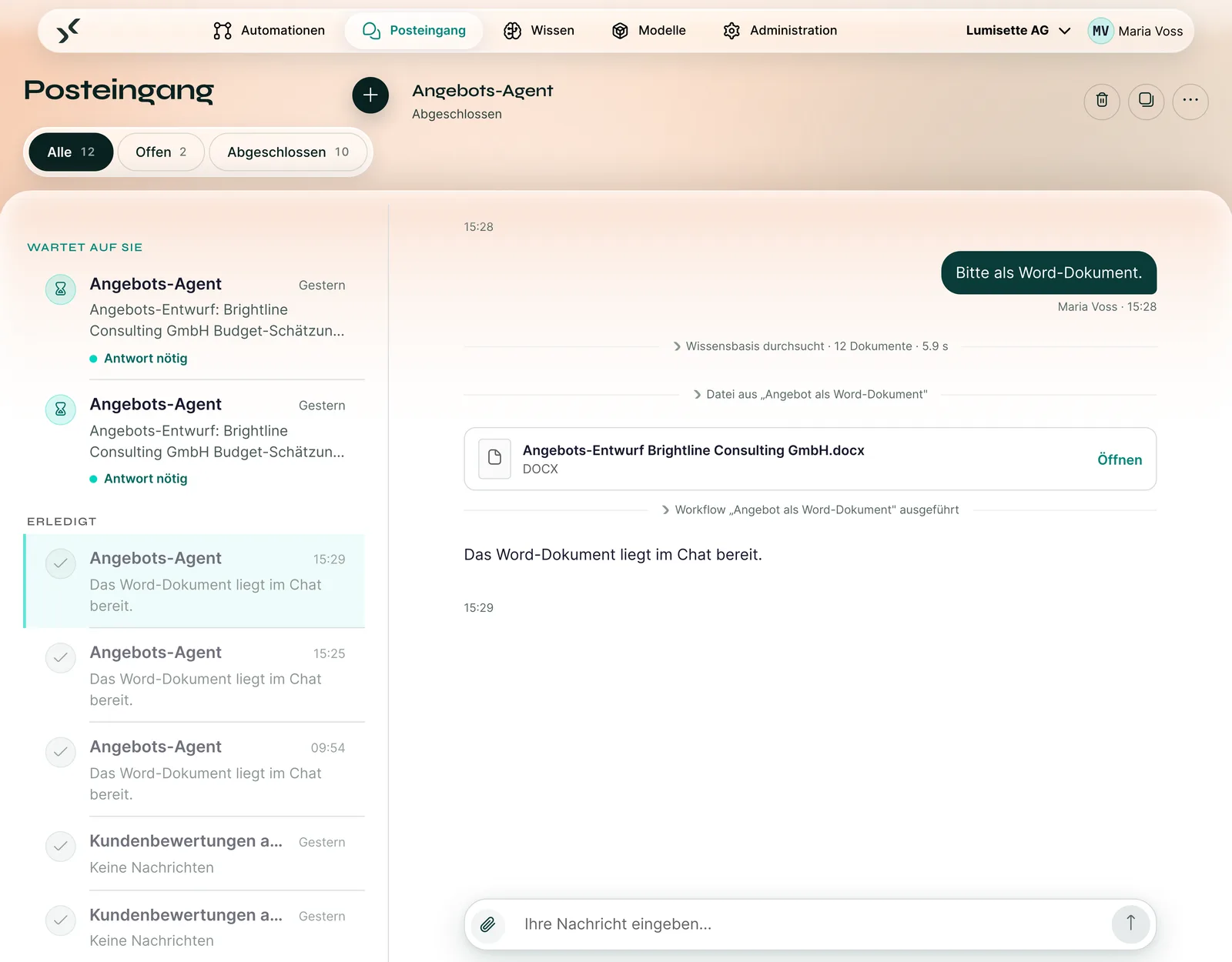 Posteingang: Der Angebots-Agent hat den Angebots-Entwurf als Word-Datei im Chat abgelegt.