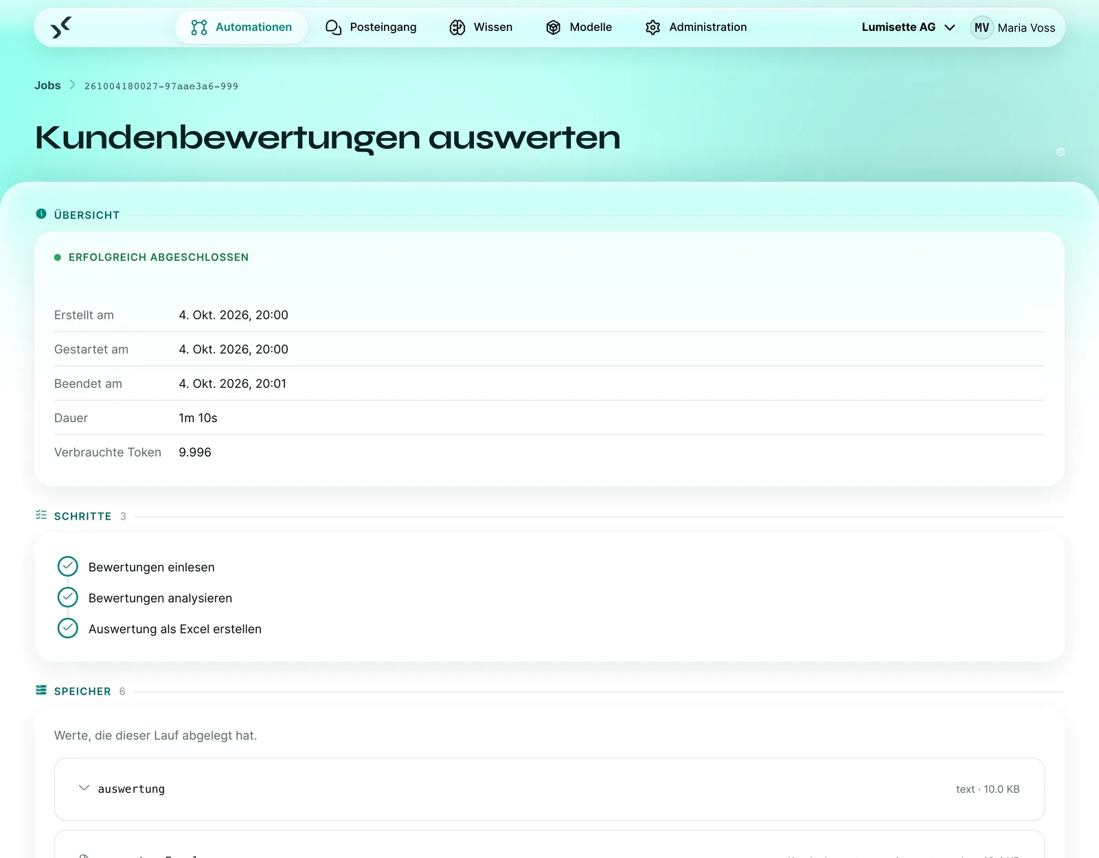 Lauf „Kundenbewertungen auswerten“ mit Status, Dauer, verbrauchten Token, drei erledigten Schritten und dem Speicher des Laufs.
