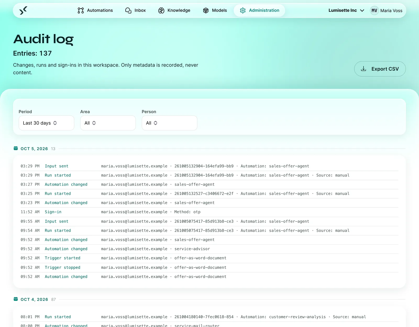 Audit log in the AI Kit: entries for sign-ins, started runs and changed automations, with CSV export. Only metadata is recorded, never content.