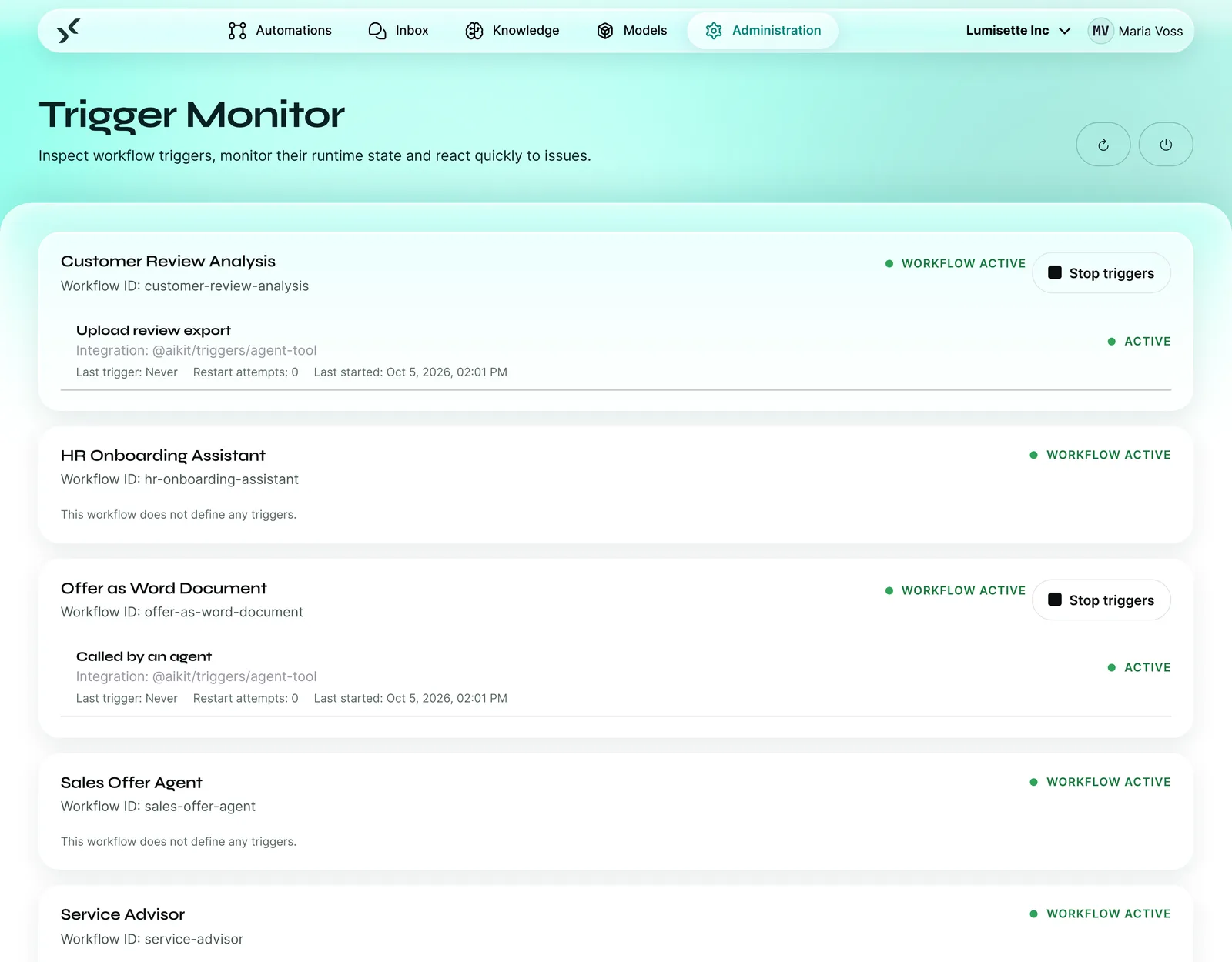 Trigger Monitor with active workflows, such as “Offer as Word Document” with the trigger “Called by an agent”.