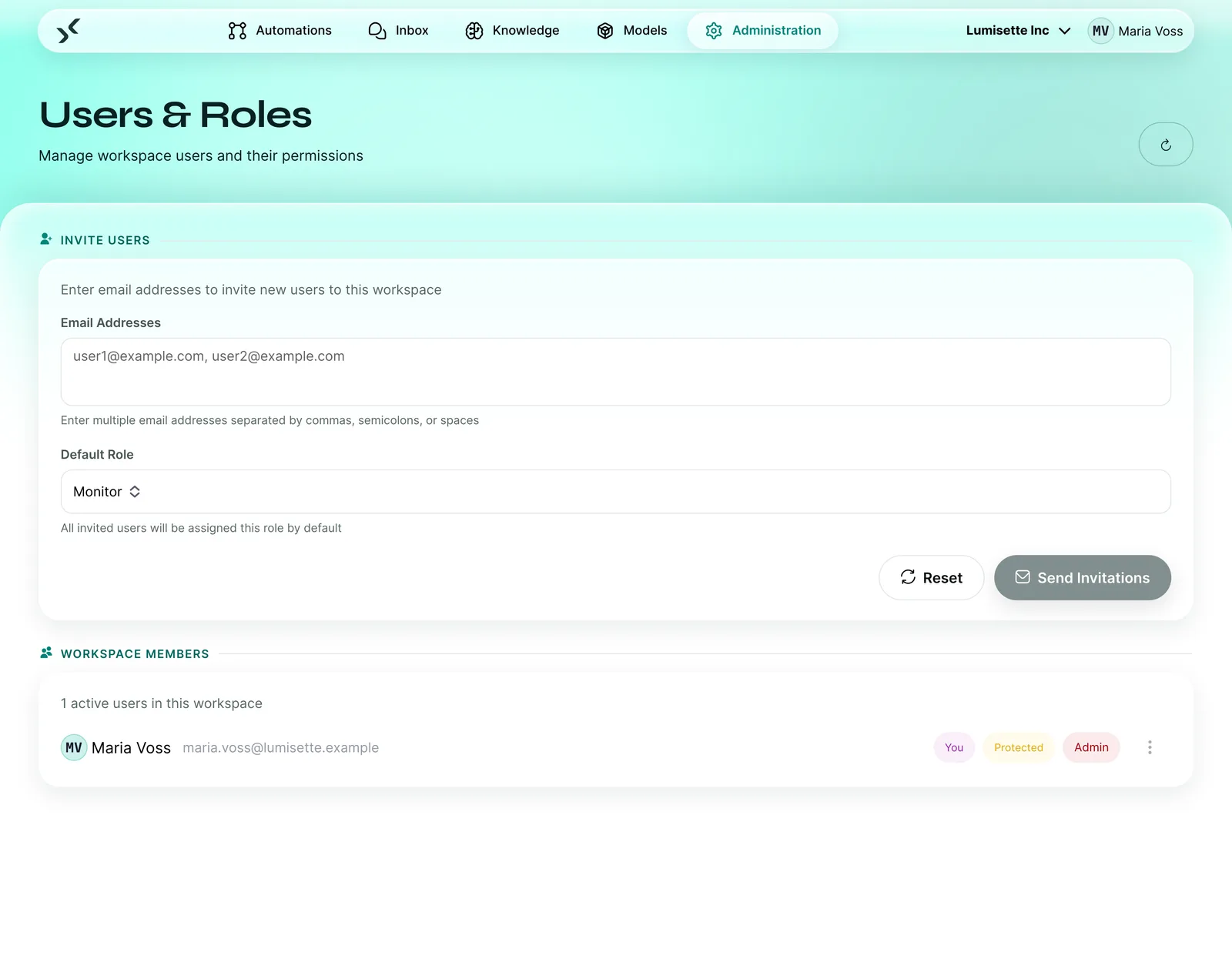 Users and roles: invite a department’s employees and assign a role.