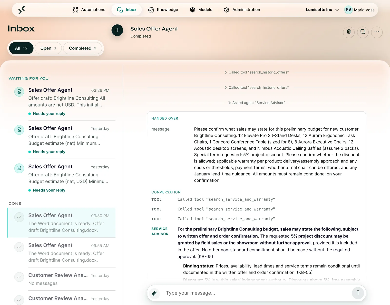 Inbox in the AI Kit: cases marked “Reply needed” are waiting for the team's approval.