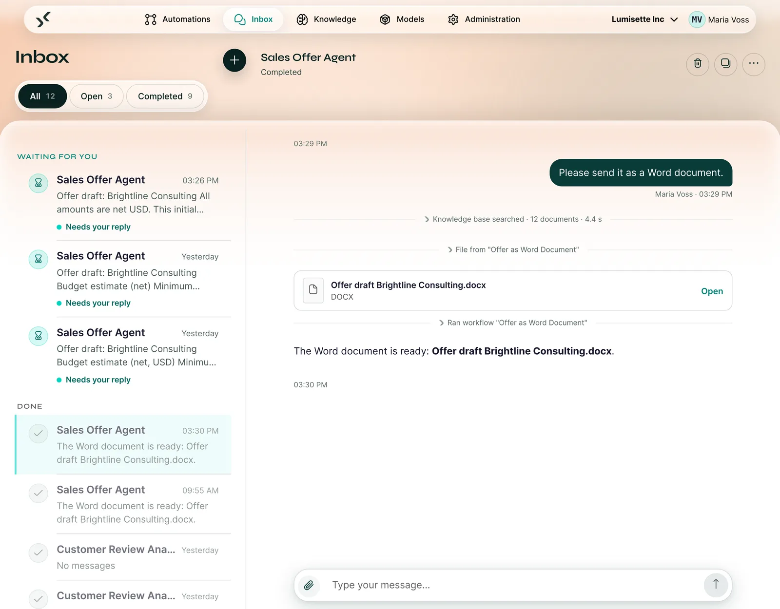 Inbox in the AI Kit: the Sales Offer Agent has placed an offer draft as a Word file in the chat, above it the lines “Knowledge base searched” and “Ran workflow”.