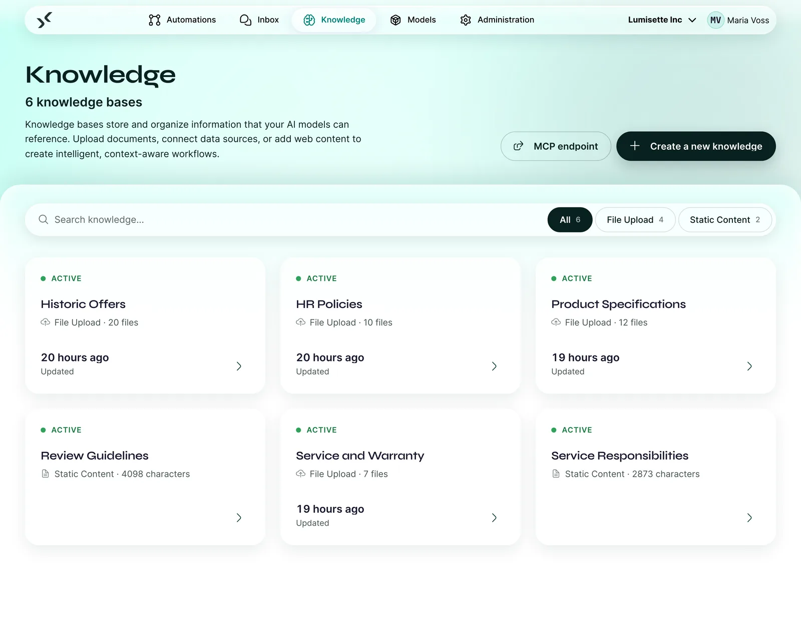 “Knowledge” overview with six knowledge bases, including Historic Offers, HR Policies and Service and Warranty, and the “MCP endpoint” button.