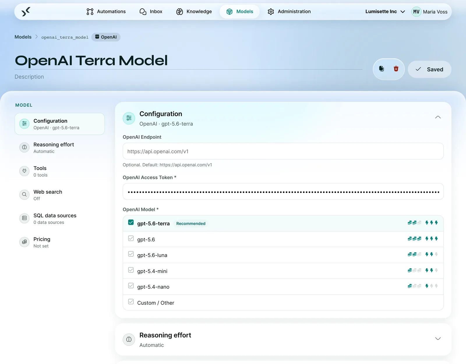 Model configuration in the AI Kit with the provider's own access token, model selection and the reasoning effort setting.