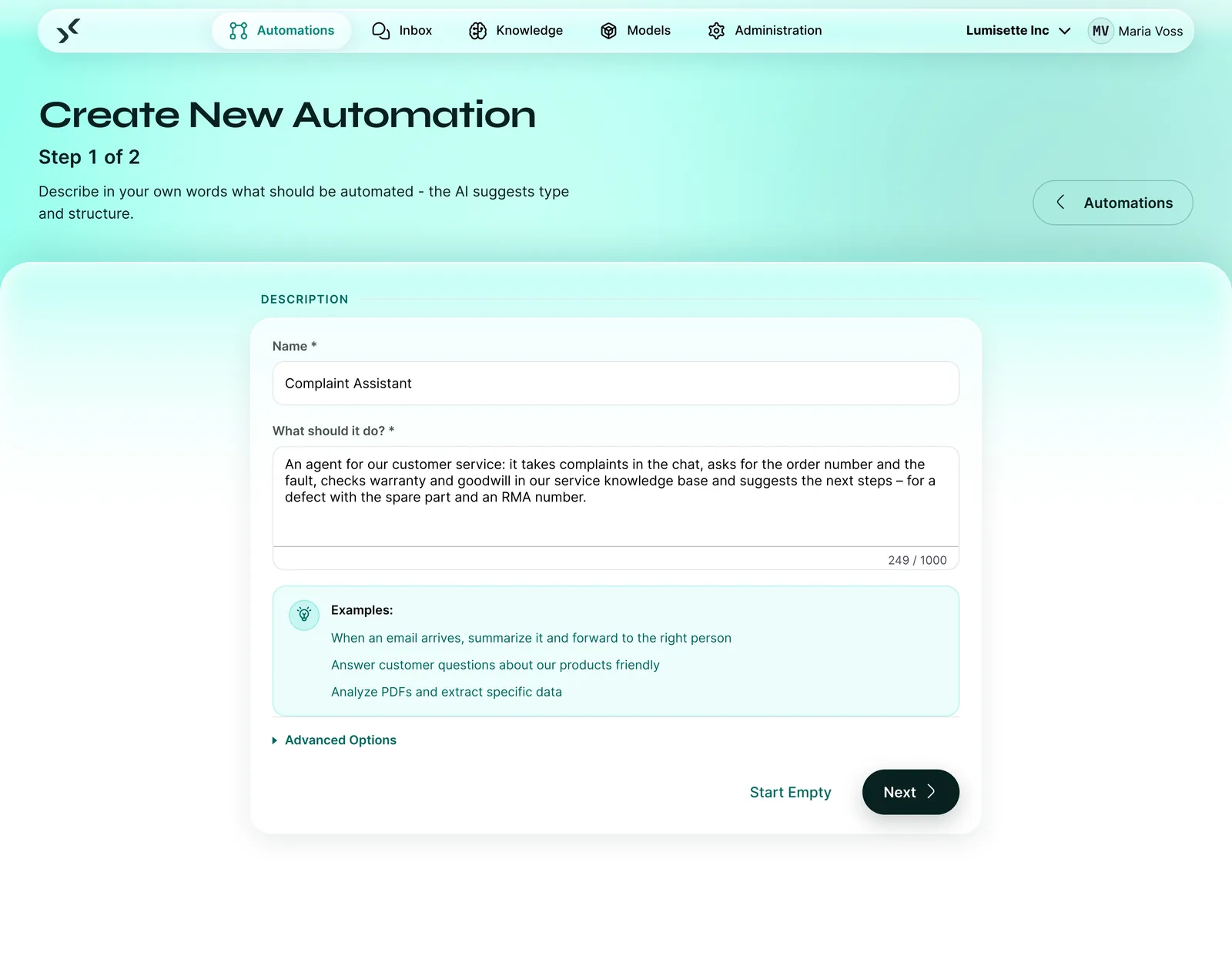 Assistant for new automations in the AI Kit: a process is described in your own words.