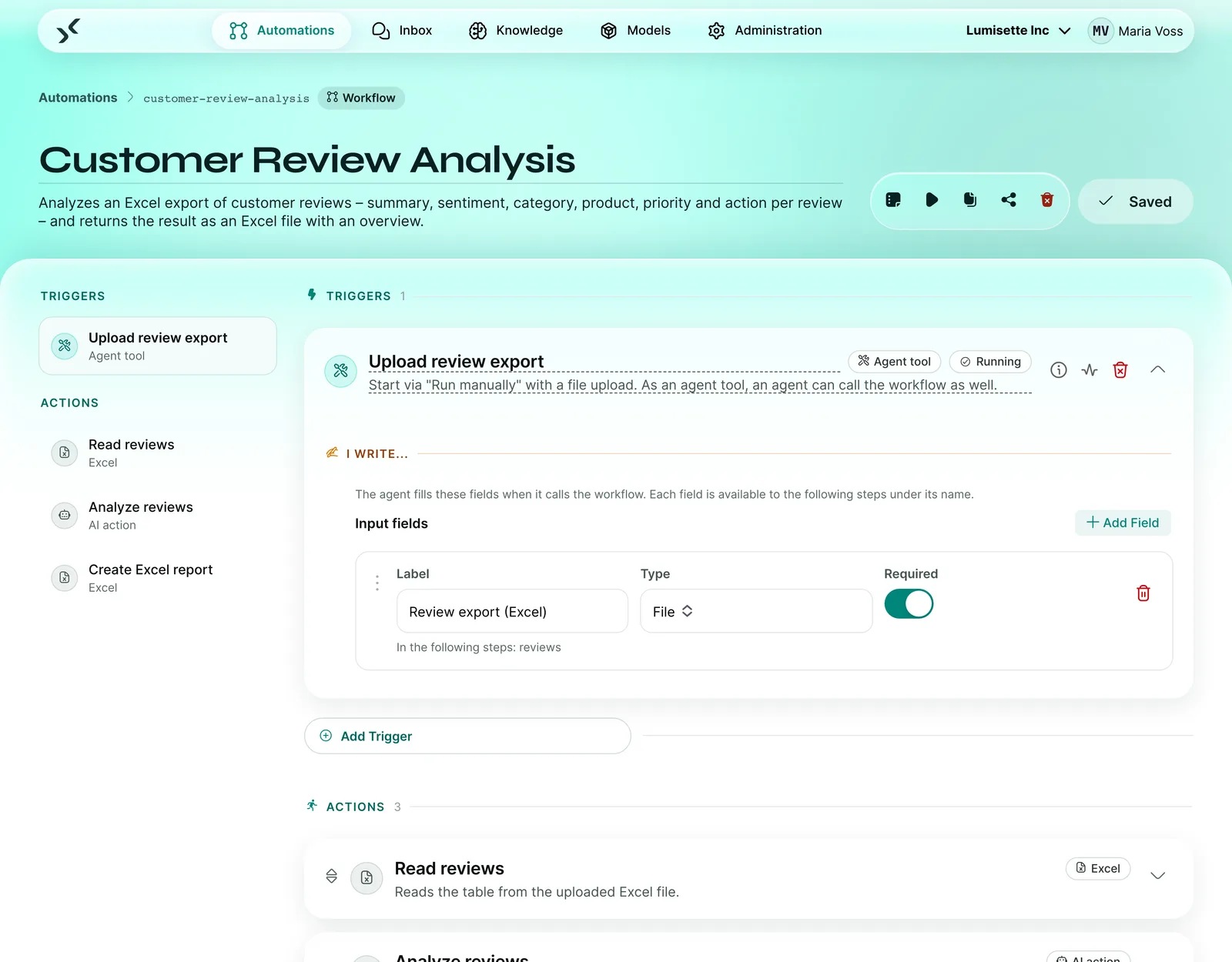 Workflow in the schnell.digital AI Kit editor: trigger and actions of a process, described in your own words